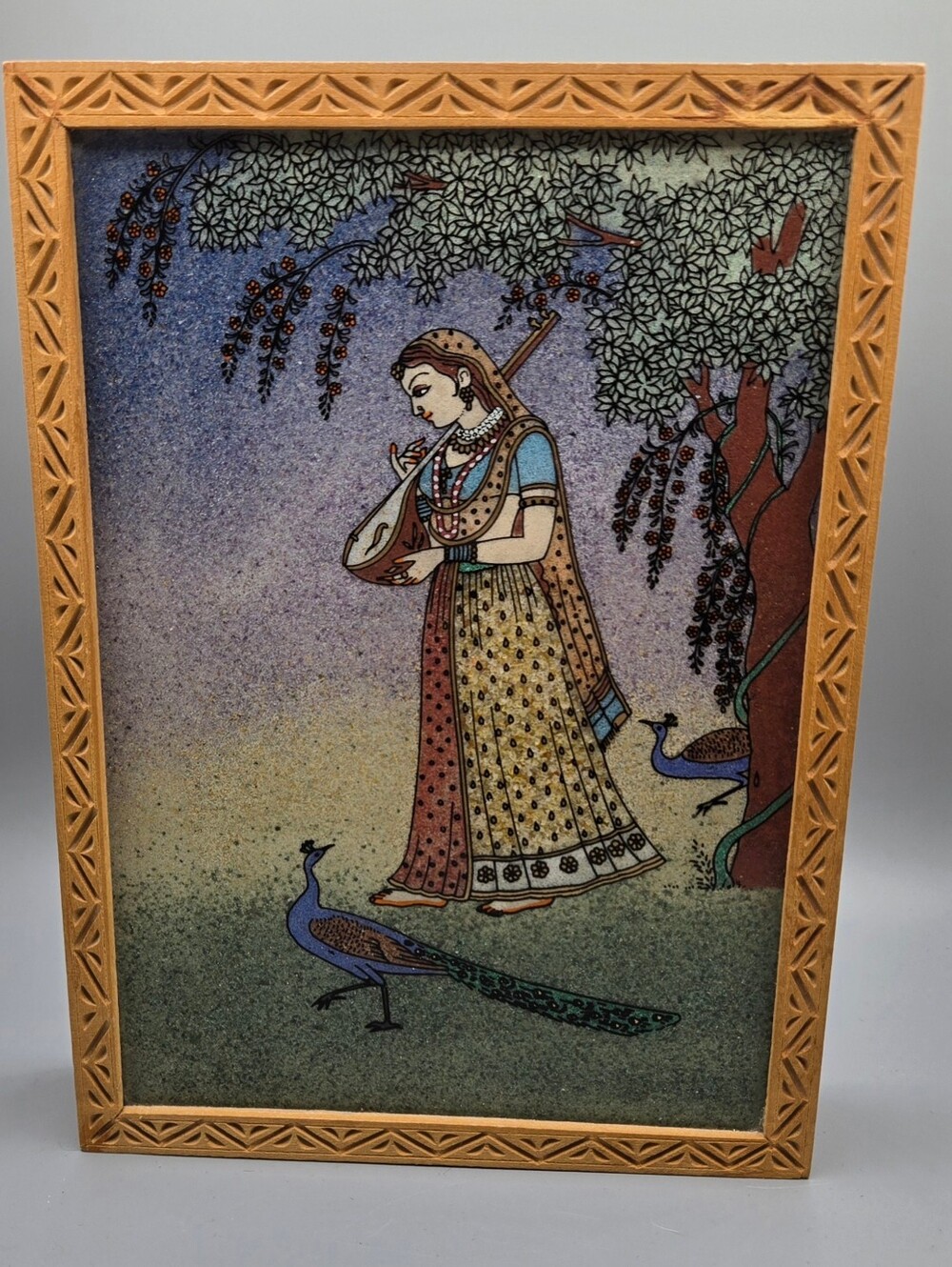Trinket Jewelry Box w/ Gemstone Dust Painting Carved Wood 7½" X 5½" X 1½"